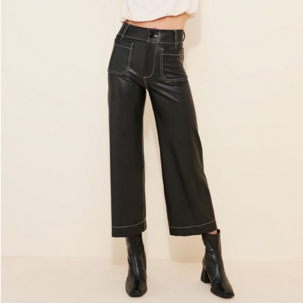 Maeve The Colette Faux Leather Contrast Stitch Wide Leg Pants Black 30 OB2181916